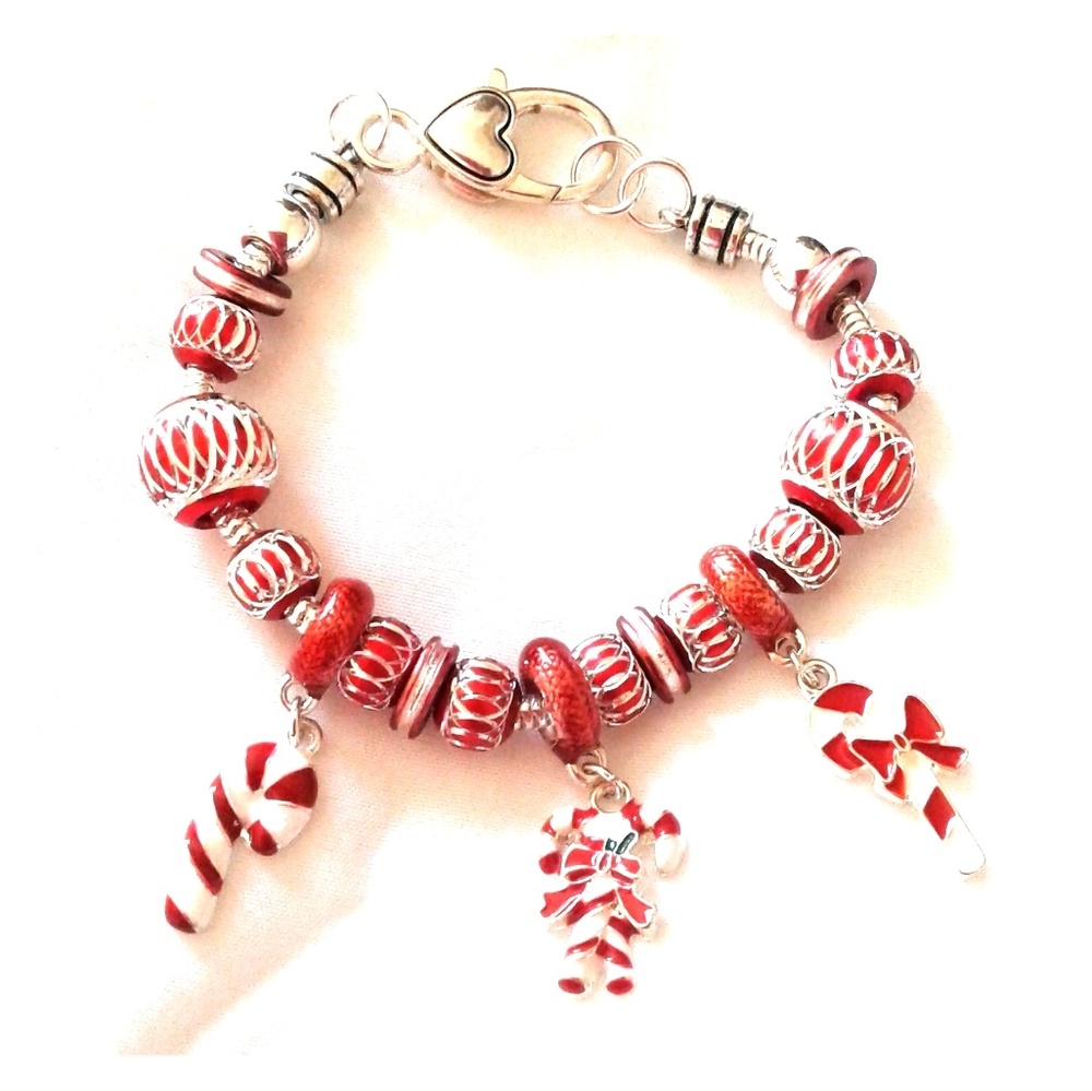 Christmas Charm Bracelet, Red, White, 8", Holiday